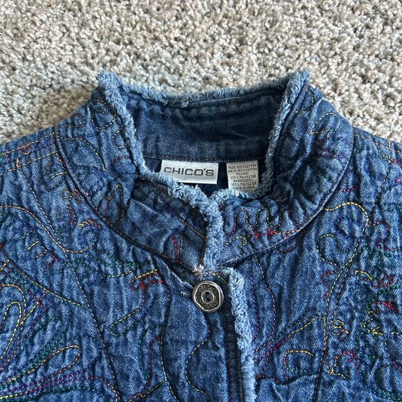Chicos Womens Sz 2Y2K Blue Quilted Button-Up Embroidered Jacket - Picture 10 of 10